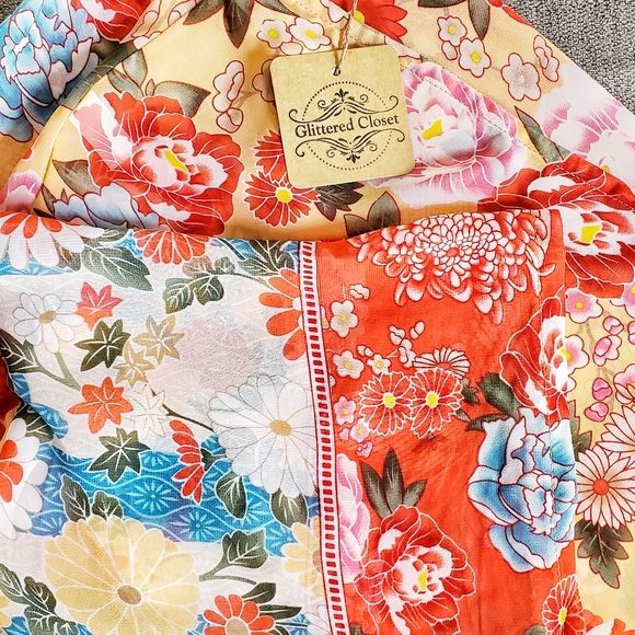NEW Boho Retro Floral Kimono Gypsy Robe Duster Sheer Chiffon  Red Peach Teal - Picture 6 of 11